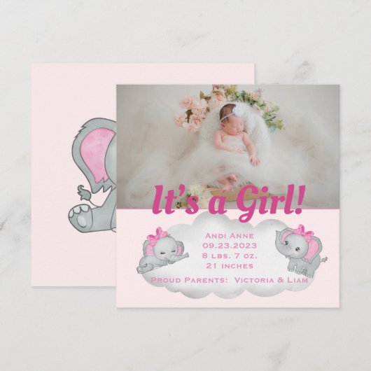 Olifant Het is een Meisje Roze Foto Geboorteaankon (Voorkant / Achterkant)