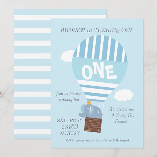 Olifant hete luchtballon 1e verjaardag uitnodiging (Voorkant / Achterkant)