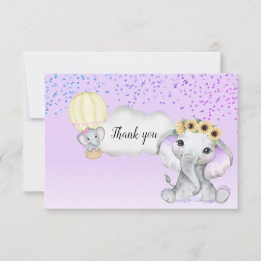Olifant Hete Luchtballon Paarse Baby shower Bedankkaart (Voorkant)