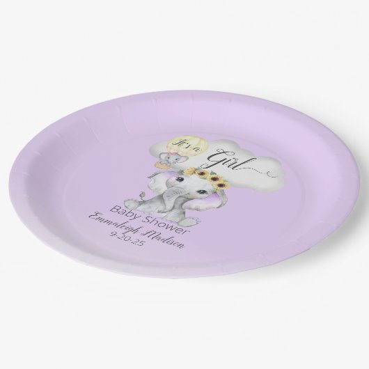 Olifant Hete Luchtballon Paarse Baby shower Papieren Bordje (Gekanteld)