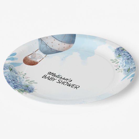 Olifant heteluchtballon blauwe hortensia op maat papieren bordje (Gekanteld)