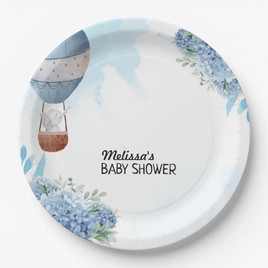 Olifant heteluchtballon blauwe hortensia op maat papieren bordje (Voorkant)