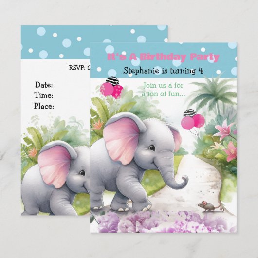 Olifant in een tuin verjaardag uitnodiging (Voorkant / Achterkant)