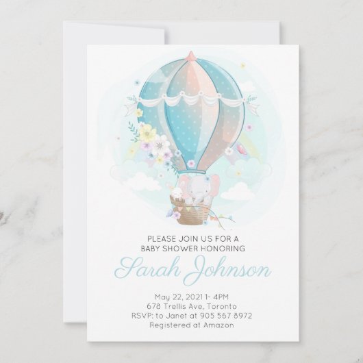 Olifant in Hete Luchtballon Baby shower Invitation Kaart (Voorkant)