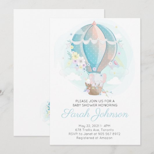 Olifant in Hete Luchtballon Baby shower Invitation Kaart (Voorkant / Achterkant)