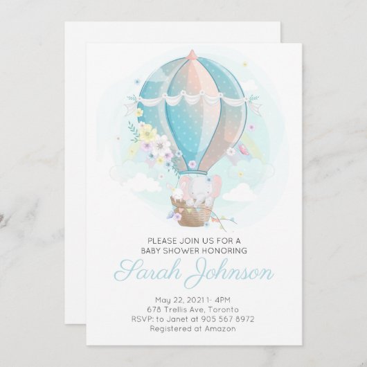 Olifant in hete luchtballon baby shower uitnodigin kaart (Voorkant / Achterkant)