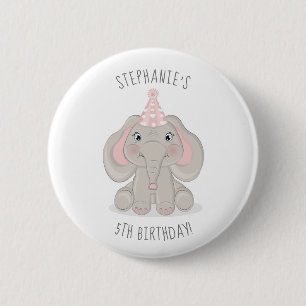 Olifant in verjaardagsfeestmuts ronde button 5,7 cm
