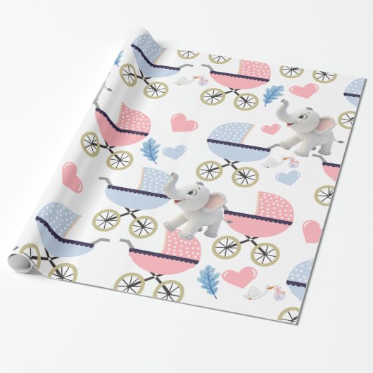 Olifant Inpakpapier Babywagen Roze & Blauw (Uitgerold)