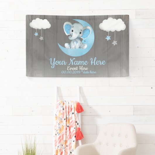 Olifant Jongen Achtergrond Maan Sterren Blauw Naam Spandoek (Insitu)