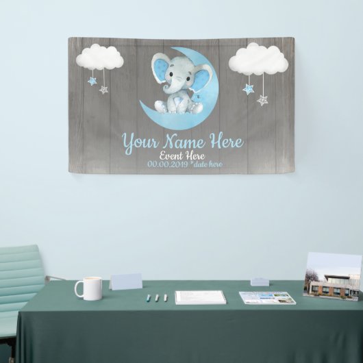 Olifant Jongen Achtergrond Maan Sterren Blauw Naam Spandoek (Beurs)