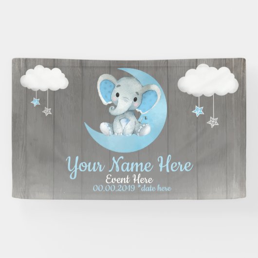 Olifant Jongen Achtergrond Maan Sterren Blauw Naam Spandoek (Horizontaal)