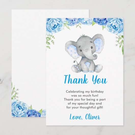 Olifant Jongen Blauw Verjaardagsfeestje Kleine Pin Bedankkaart (Voorkant / Achterkant)