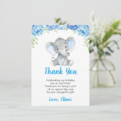Olifant Jongen Blauw Verjaardagsfeestje Kleine Pin Bedankkaart (Staand voorkant)