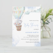 Olifant Jongen Blauwe Ballon Cute Baby Shower Kaart (Staand voorkant)