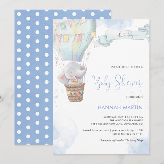 Olifant Jongen Blauwe Ballon Cute Baby Shower Kaart (Voorkant / Achterkant)