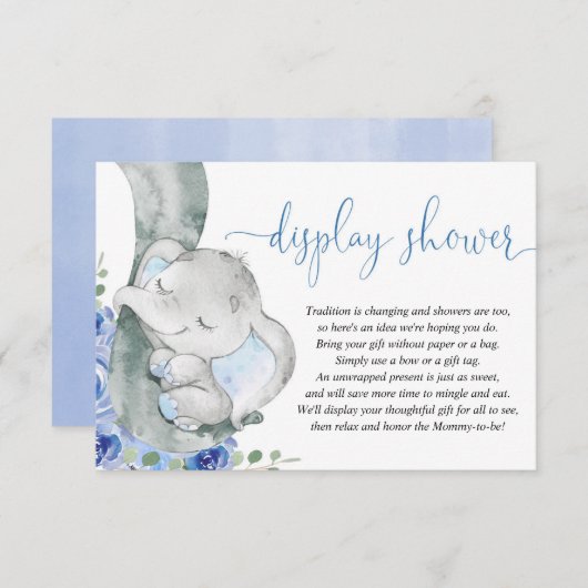 Olifant jongen blauwe bloemendisplay douche informatiekaartje (Voorkant / Achterkant)