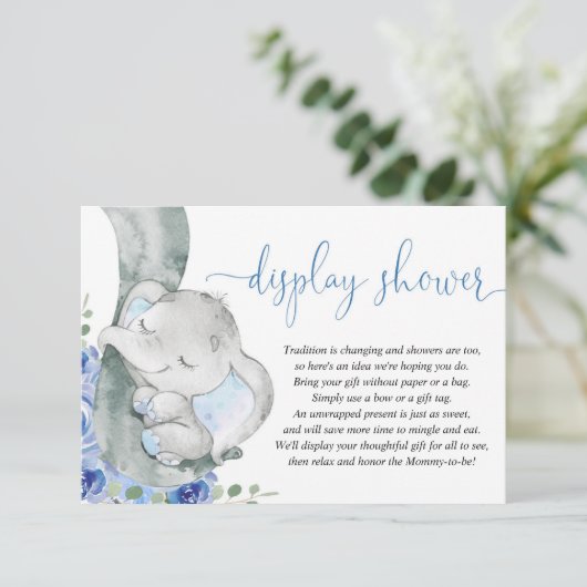 Olifant jongen blauwe bloemendisplay douche informatiekaartje (Staand voorkant)