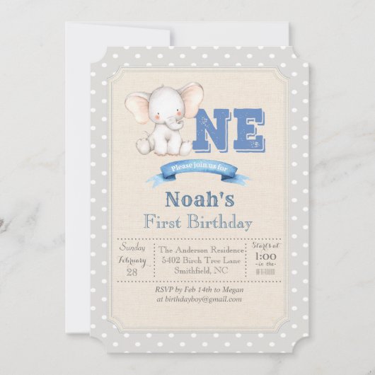 Olifant Jongen Eerste 1e Verjaardag Uitnodiging (Voorkant)