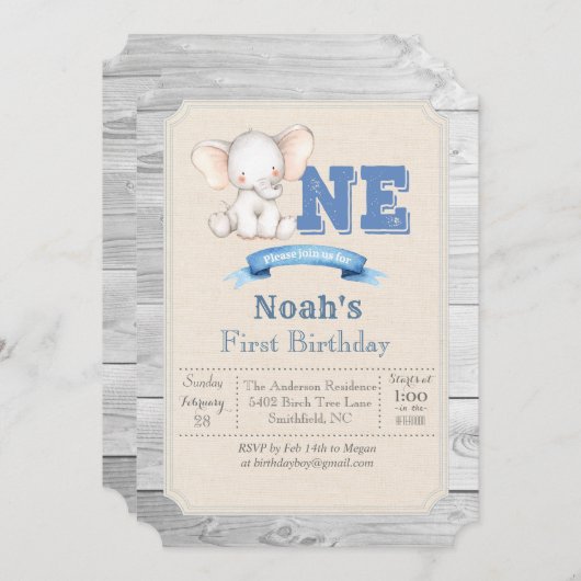 Olifant Jongen Eerste 1e Verjaardag Uitnodiging (Voorkant / Achterkant)