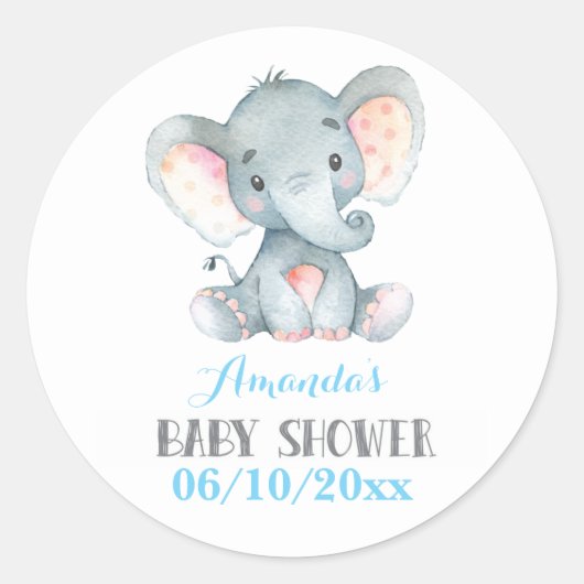 Olifant jongens baby shower blauw en grijs ronde sticker (Voorkant)
