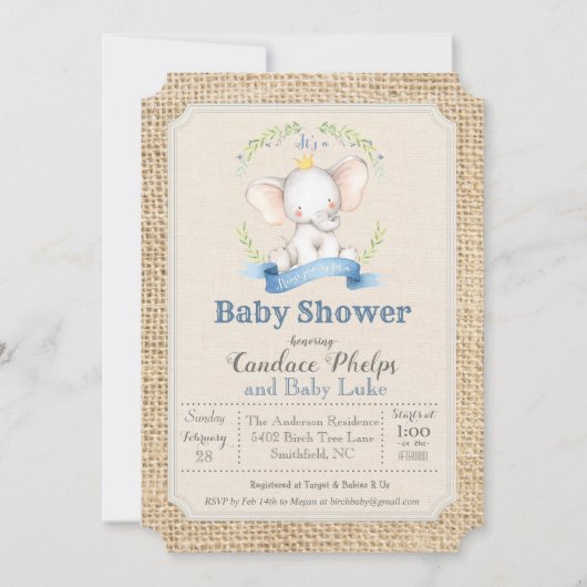 Olifant Jongens Baby Shower Uitnodiging (Voorkant)