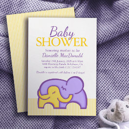 Olifant knuffel baby shower paarse gele uitnodigin kaart