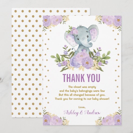 Olifant Lavendel Paarse Gouden Bloemen Baby shower Bedankkaart (Voorkant / Achterkant)
