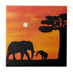 olifant, ,lucht ,dieren ,zonsopgang ,natuur ,afrik tegeltje