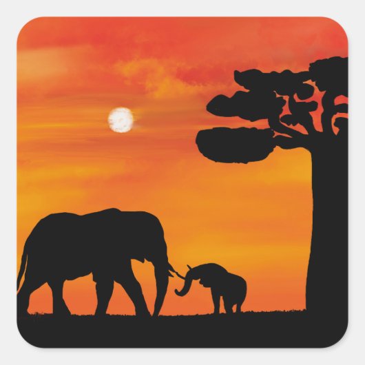 olifant, lucht, dieren, zonsopgang, natuur, afrika vierkante sticker (Voorkant)