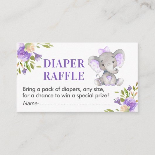 Olifant Luier Raffle Ticket Lavendel Baby shower Informatiekaartje (Voorkant)