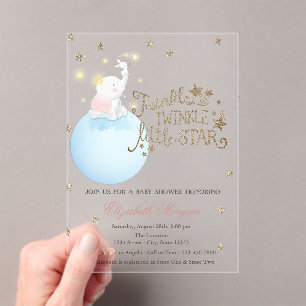 Olifant, Maan, Glitter Sterren Gestreepte Baby Sho Acryl Uitnodigingen