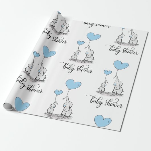 Olifant Mama & Baby shower Blauw Grijs Wit Jongen Cadeaupapier (Uitgerold)