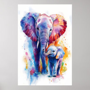 Olifant Mama en Baby Waterverf Print, Kinderkamer Poster