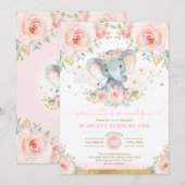 Olifant Meisje 1e Verjaardag Blush Roze Goud Bloem Kaart (Voorkant / Achterkant)