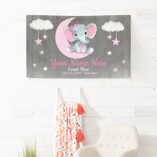 Olifant Meisje Achtergrond Maan Sterren Roze Naam  Spandoek (Insitu)