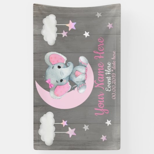 Olifant Meisje Achtergrond Maan Sterren Roze Naam  Spandoek (Verticaal)