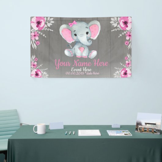 Olifant meisje achtergrond roze naam rustieke bloe spandoek (Beurs)