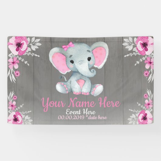 Olifant meisje achtergrond roze naam rustieke bloe spandoek (Horizontaal)