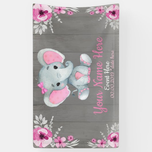 Olifant meisje achtergrond roze naam rustieke bloe spandoek (Verticaal)