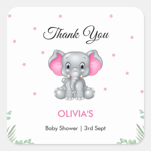 Olifant Meisje Baby shower Dank u Vierkante Sticker (Voorkant)