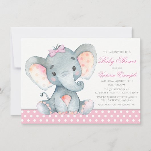 Olifant Meisje Baby Shower Uitnodigingen (Voorkant)