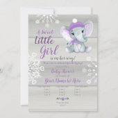 Olifant Meisje Invitation, grijs rustiek, paarse s Kaart (Voorkant)