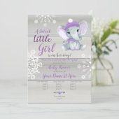 Olifant Meisje Invitation, grijs rustiek, paarse s Kaart (Staand voorkant)