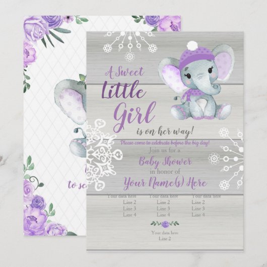 Olifant Meisje Invitation, grijs rustiek, paarse s Kaart (Voorkant / Achterkant)