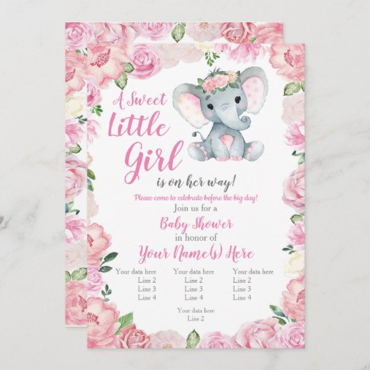 Olifant Meisje Invitation, roos rustiek, roze Kaart (Voorkant / Achterkant)