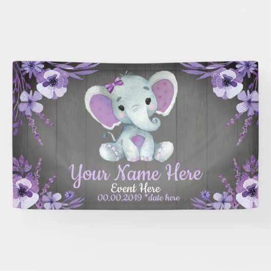 Olifant Meisje Paarse Achtergrond Banner Floral (Horizontaal)