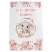 Olifant Meisje Roze 1e Verjaardag Medium Gift Bag Cadeauzakje (Achterkant)