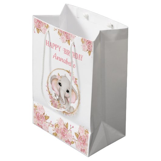Olifant Meisje Roze 1e Verjaardag Medium Gift Bag Medium Cadeauzakje (Voorkant Gekanteld)