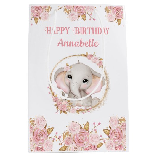Olifant Meisje Roze 1e Verjaardag Medium Gift Bag Medium Cadeauzakje (Voorkant)