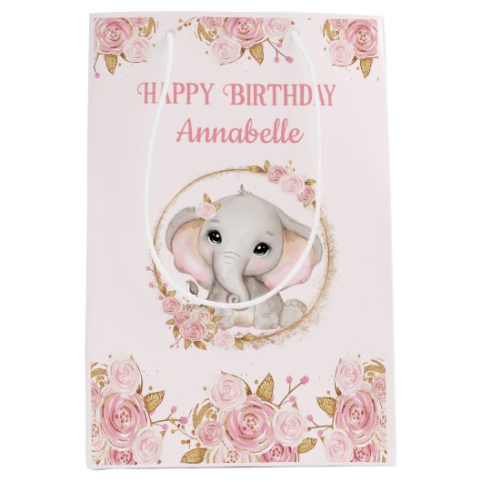 Olifant Meisje Roze 1e Verjaardag Medium Gift Bag Medium Cadeauzakje (Voorkant)